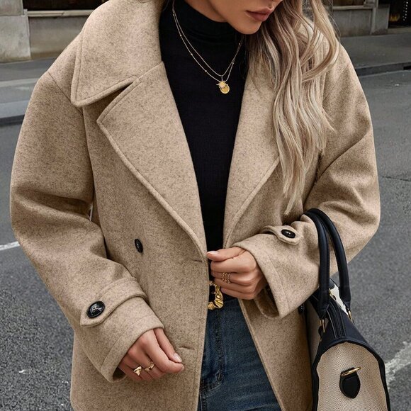 Khaki Casual Women's Double-Breasted Long Sleeve Loose Wool Coat - Picture 4 of 6